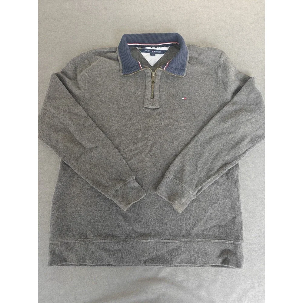 Tommy Hilfiger Mens Large 1/4 Zip Sweater Gray Cotton Pullover Mock Neck Logo